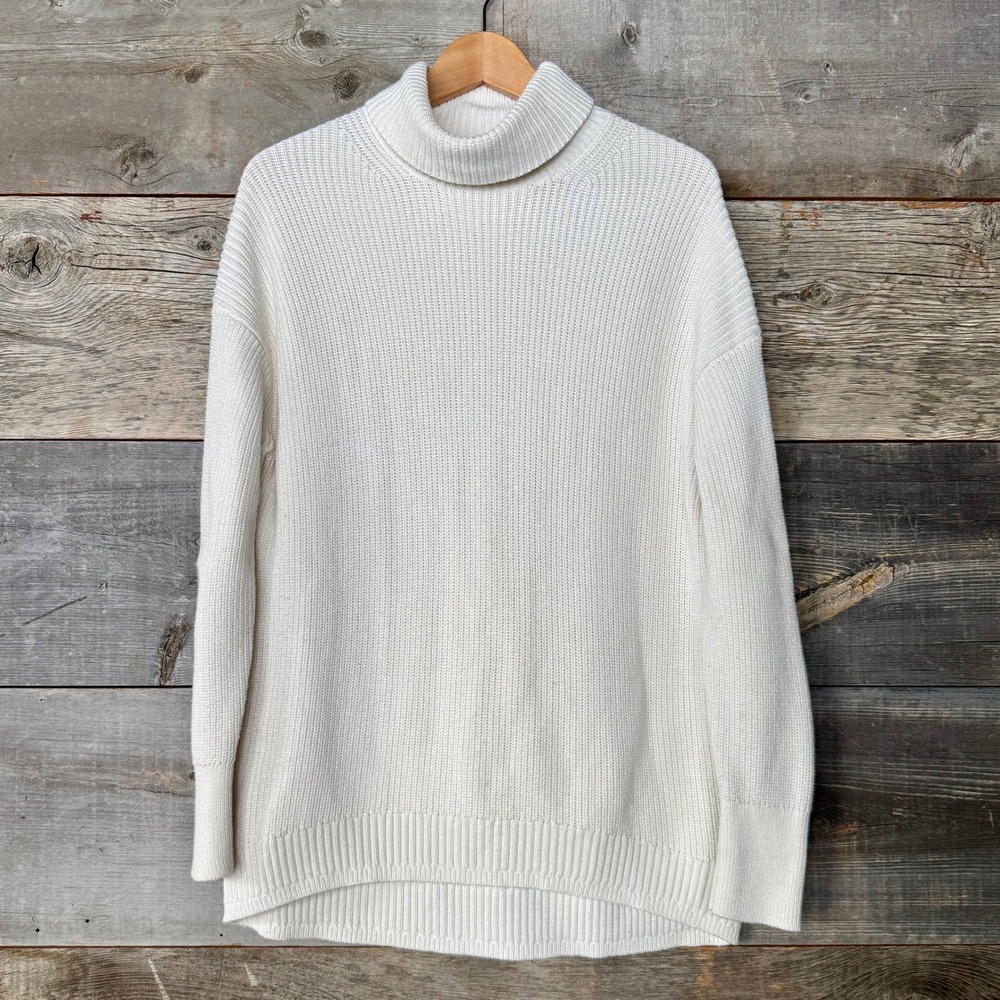 J. Crew Womens Cotton Cashmere Ribbed Turtleneck Sweater S Ivory Relaxed Spring‎